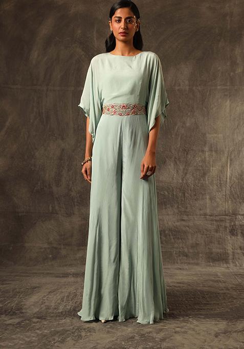 Mint Blue Cutdana Embellished Crepe Georgette Jumpsuit