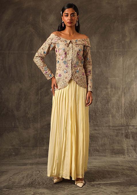 Beige And Lemon Yellow Cut Pipe Work Jute Georgette Skirt Set