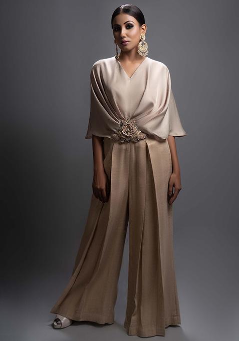 Beige Cut Pipe Work Jute Crepe Jumpsuit