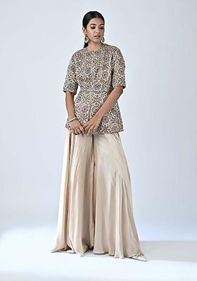 Beige Cutdana Embroidered German Satin Pants Set