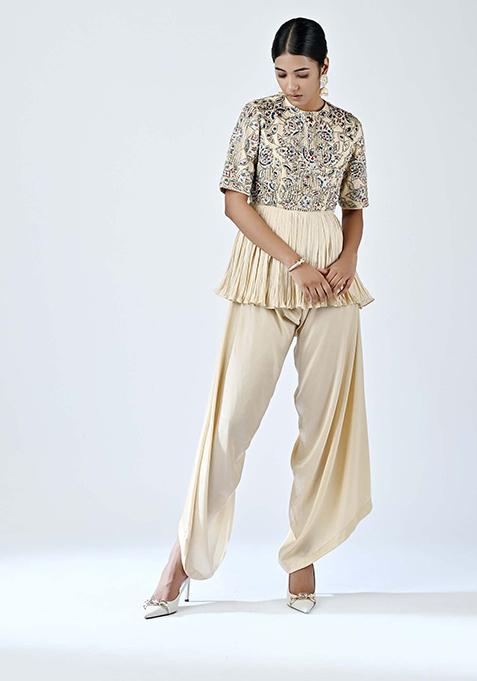 Beige Cutdana Embroidered German Satin Jumpsuit