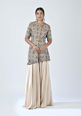 Beige Cutdana Embroidered German Satin Pants Set
