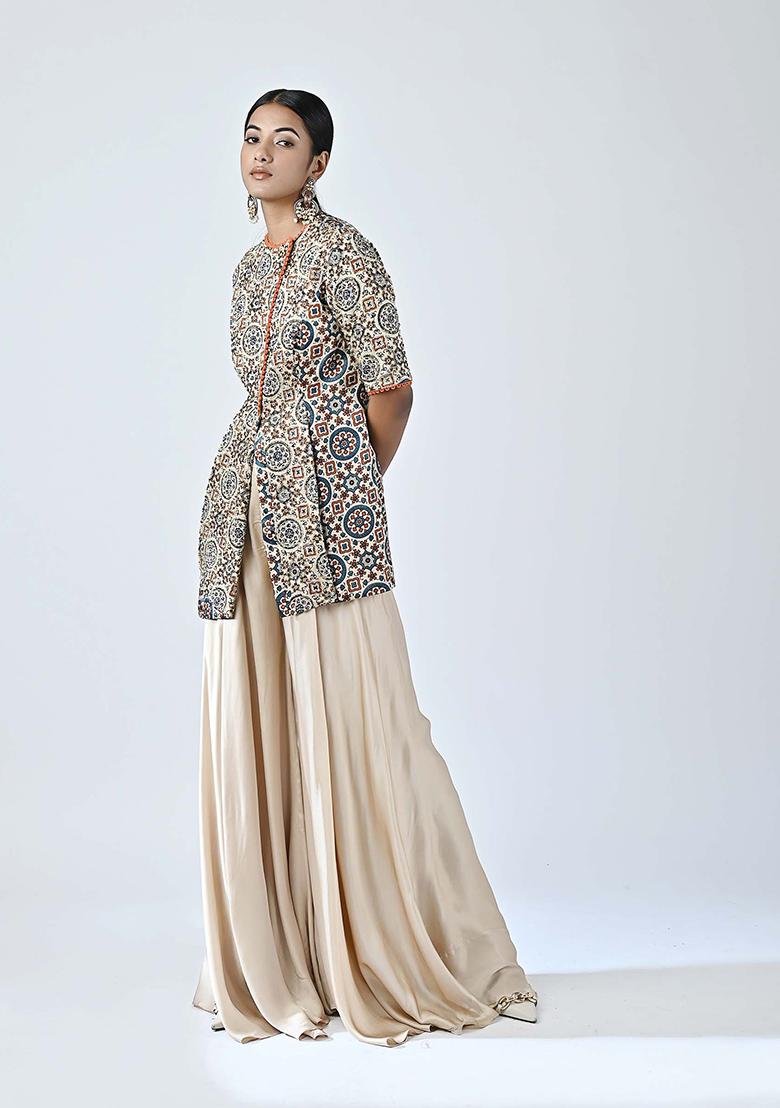 Beige Cutdana Embroidered German Satin Pants Set