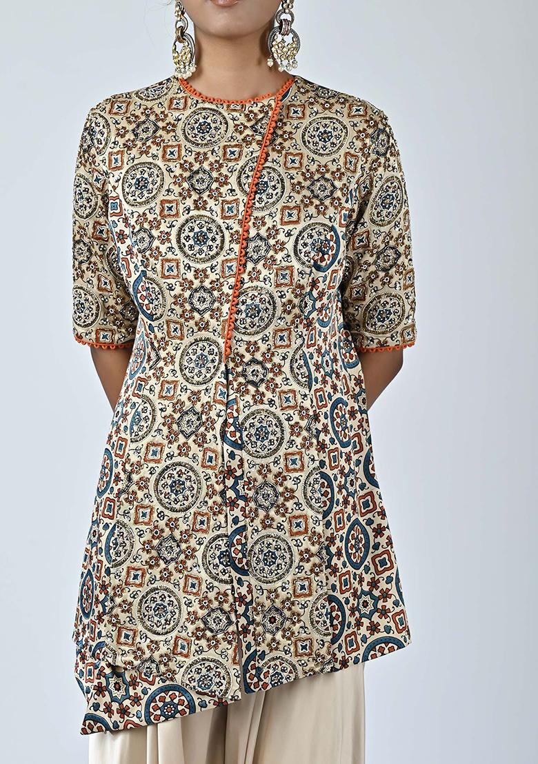 Beige Cutdana Embroidered German Satin Pants Set