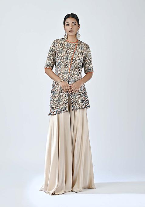 Beige Cutdana Embroidered German Satin Pants Set