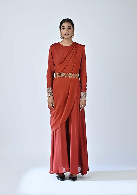 Red Cutdana Embroidered Crepe Silk Jumpsuit