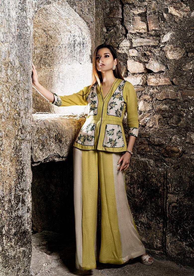 Beige And Green Embroidered Chanderi Crepe Jumpsuit