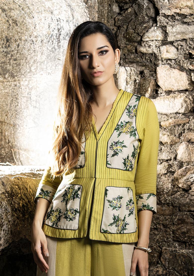 Beige And Green Embroidered Chanderi Crepe Jumpsuit
