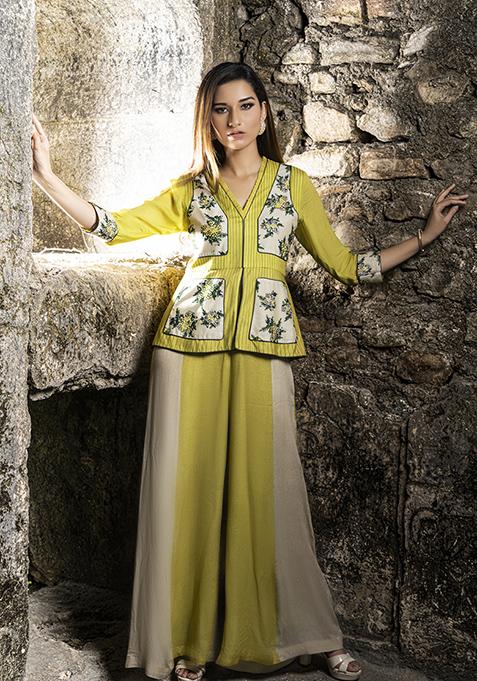 Beige And Green Embroidered Chanderi Crepe Jumpsuit