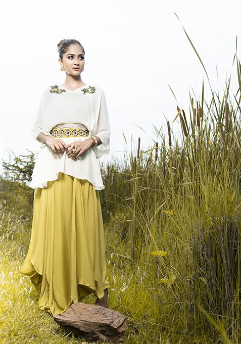 Cream And Olive Green Embroidered Chanderi Crepe Skirt Set