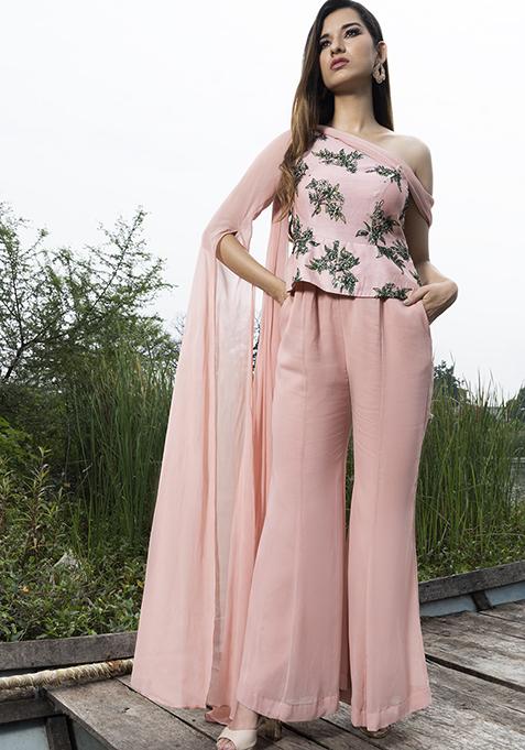 Peach Embroidered Chanderi Crepe Jumpsuit