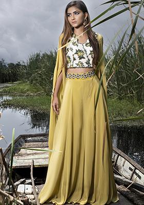 Cream And Green Embroidered Chanderi Crepe Skirt Set