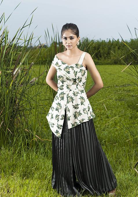 Cream And Green Embroidered Chanderi Crepe Pants Set