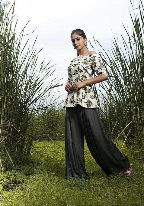 Cream And Grey Embroidered Chanderi Crepe Pants Set