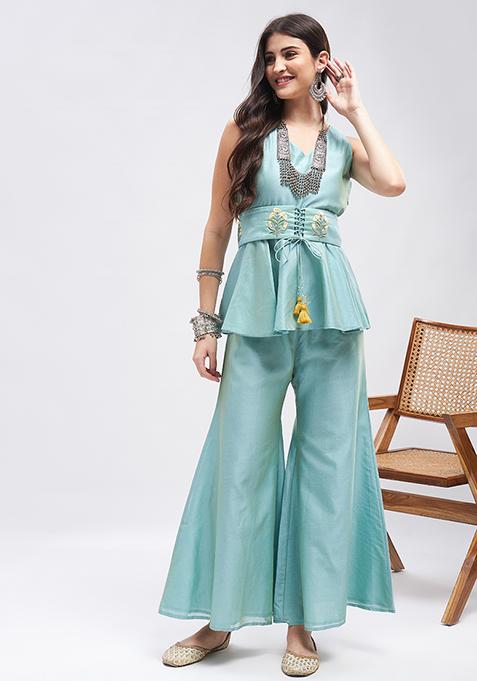 Cyan Green Resham Tassel Embroidered Pure Silk Chanderi Co-Ord Set