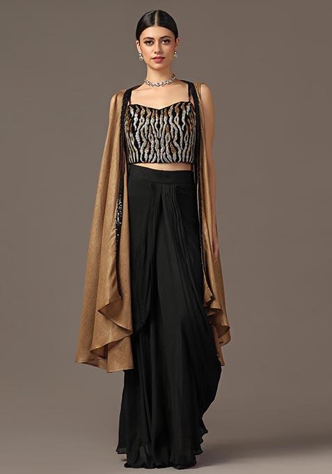 Black And Golden Cutdana Sequin Embroidered Cape Set