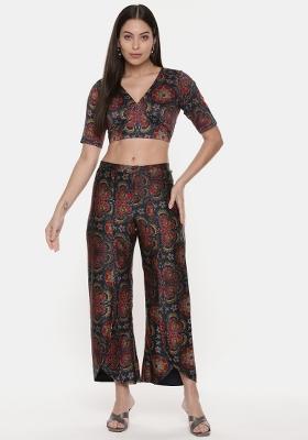 Teal And Red Printed Silk Co Ord Sets