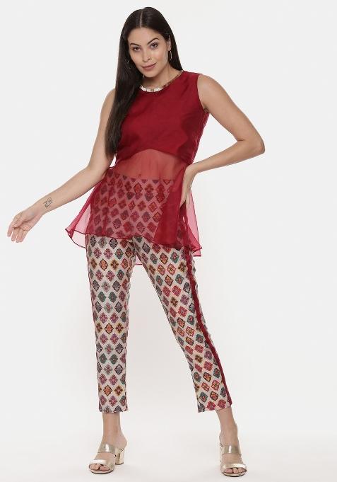 Red And Solid Silk Blend Co Ord Sets