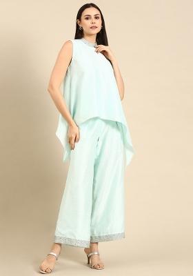 Aqua Blue Solid Silk Co Ord Sets