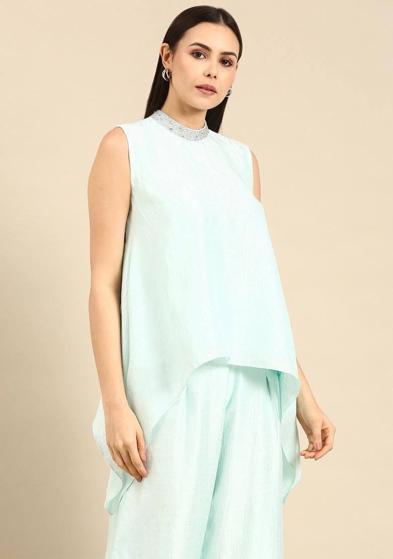 Aqua Blue Solid Silk Co Ord Sets - Indya