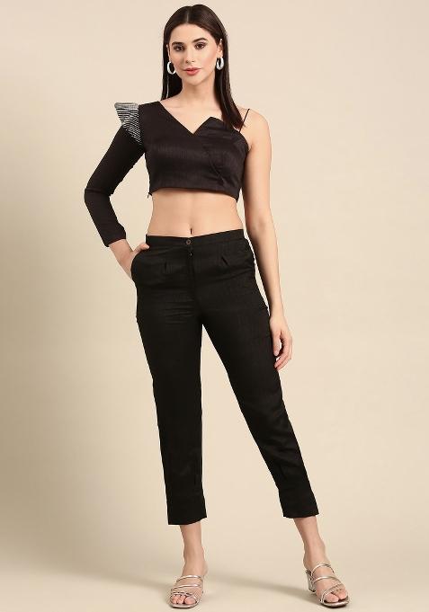 Black Solid Silk Blend Co Ord Sets