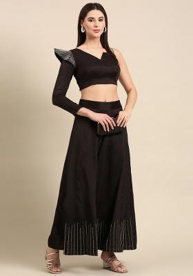Black Solid Silk Co Ord Sets