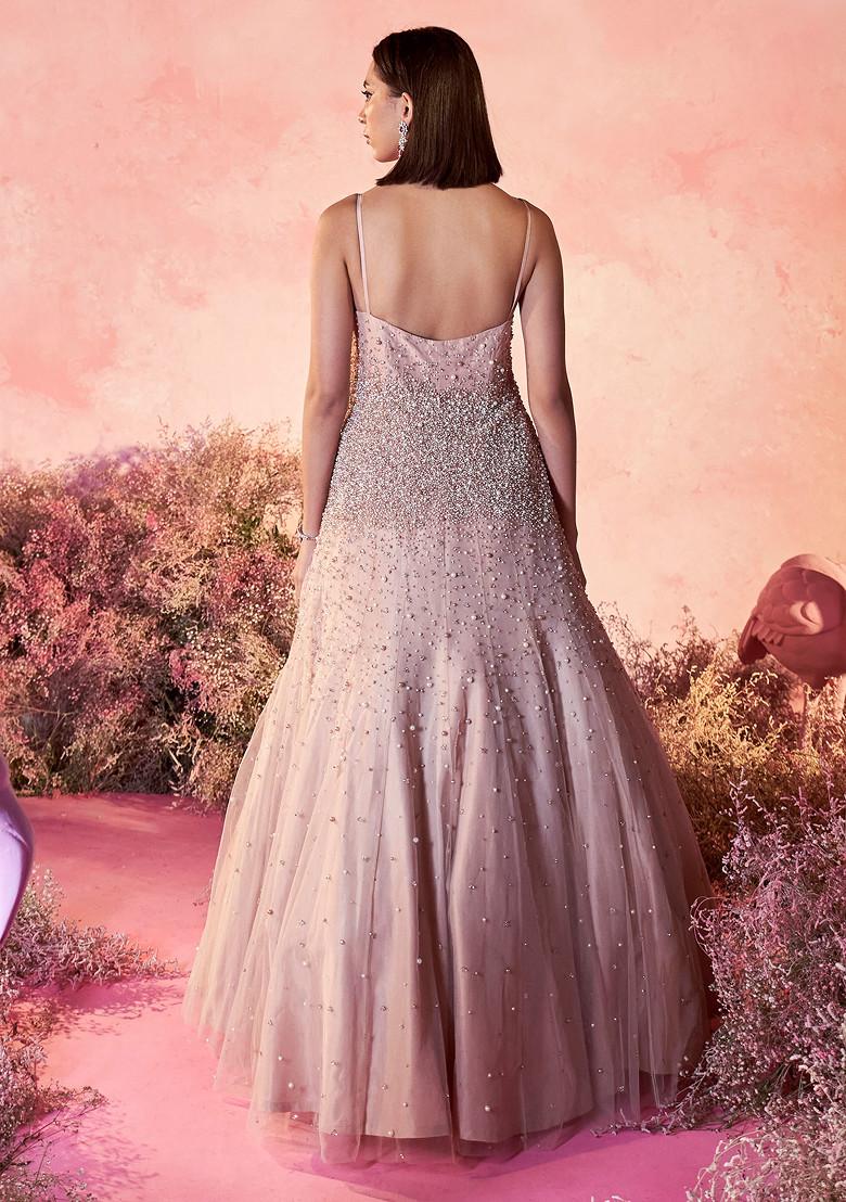 Buy Women Light Peach Pearl Dust Gown - WLG00003 - Designers - Indya