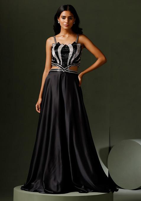Black Cut Bead Embroidered Silk Gown