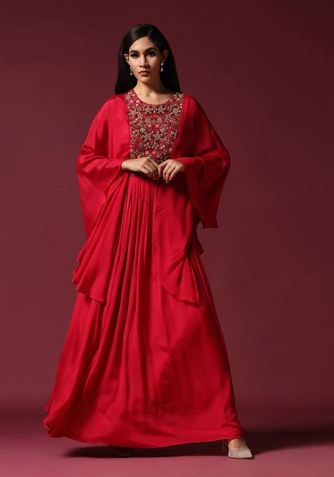 Hot Pink Hand Embroidered Kaftan Sleeve Gown