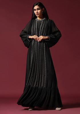 Black Pearl And Antique Embellished Gown With Belt