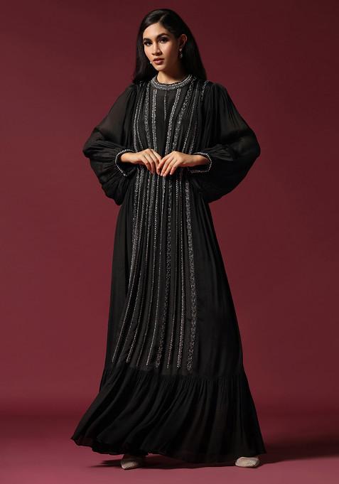Black Pearl And Antique Embellished Gown With Belt