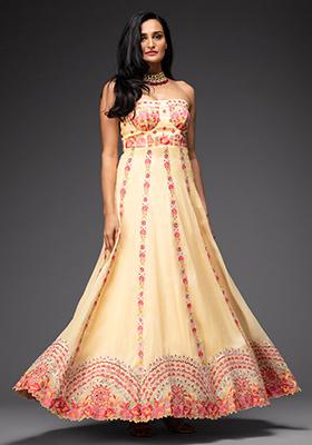 Pale Yellow Embroidered Organza Gown