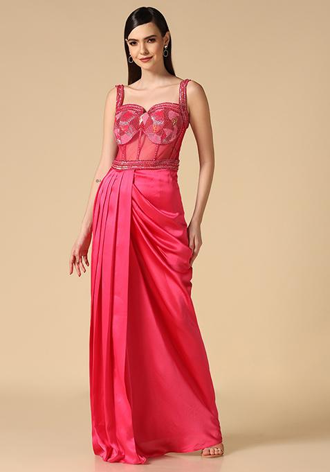 Pink Sequin Embroidered Slit Gown