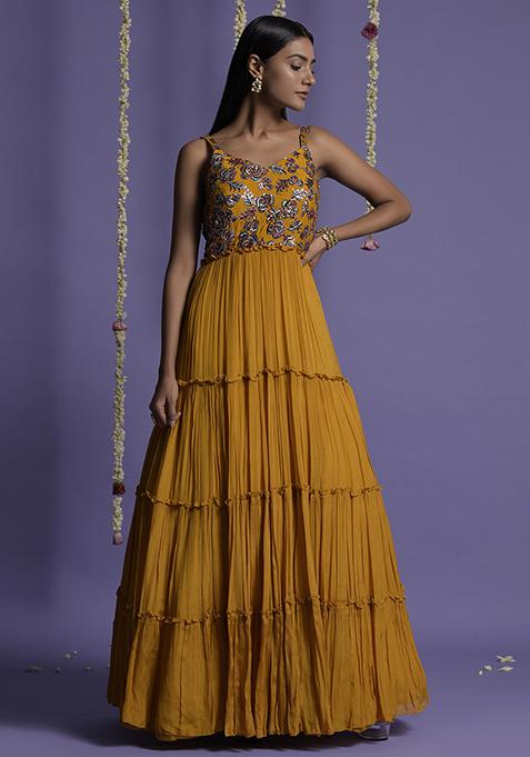 Yellow Multicolor Sequin Embroidered Gown