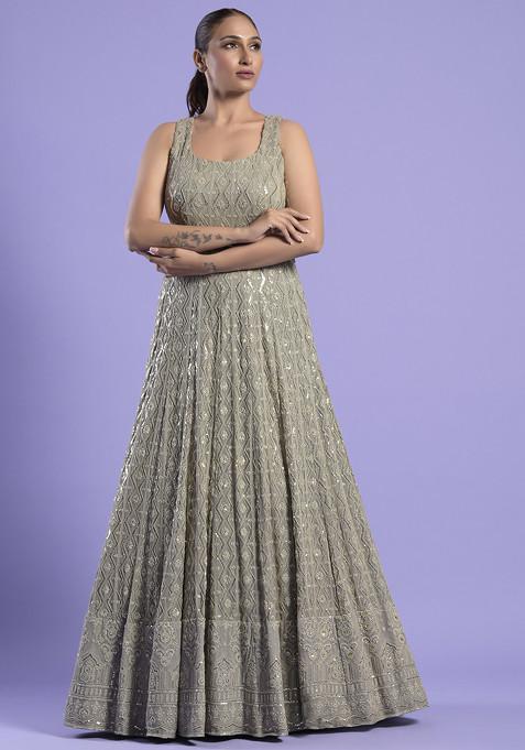 Grey Sequin Embroidered Georgette Chikankari Gown
