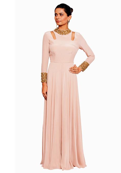 Blush Pink Nalki Embroidered Gown With Shoulder Cut Out 