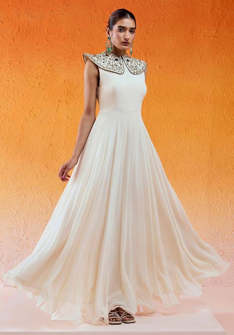 Ivory Sequin Embroidered Velvet Gown