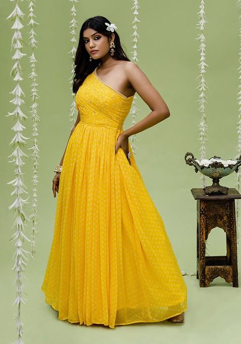 Sunny Yellow Printed Embroidered Gown