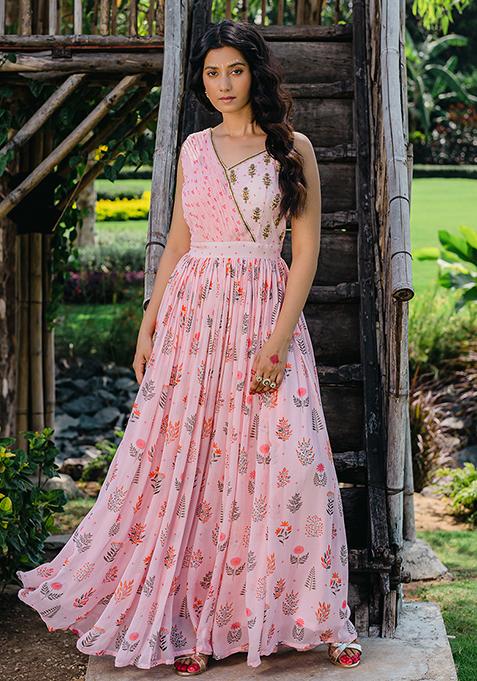 Blush Pink Floral Print Embroidered Gown