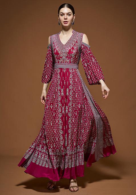 Fuchsia Rhinestones Embroidered Bemberg Crepe Gown