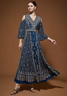 Blue Bemberg Crepe Rhinestones Embroidered Gown