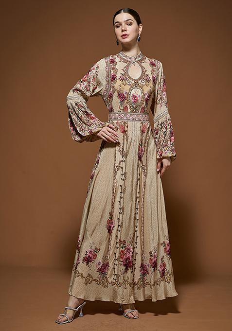 Beige Rhinestones Embroidered Crepe Gown