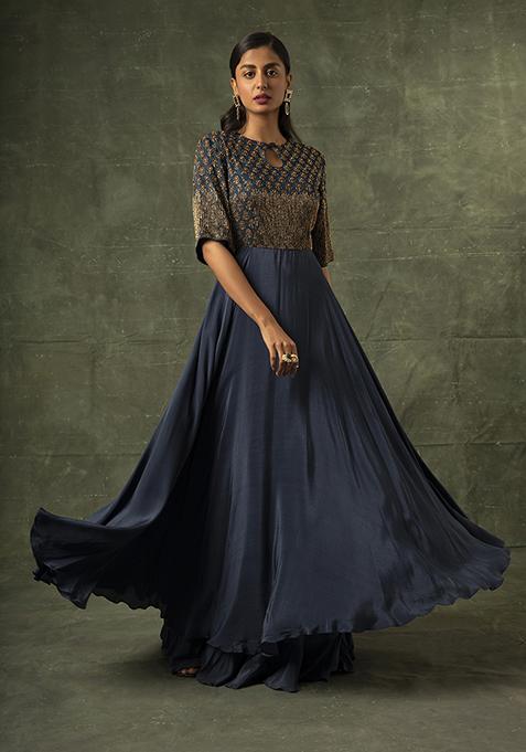 Navy Blue Solid Ajrakh Anarkali Gown