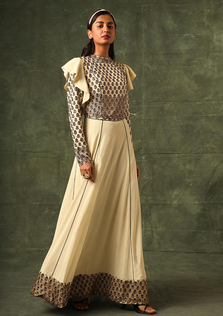 Beige Cutdana Embroidered Ajrakh Anarkali Gown
