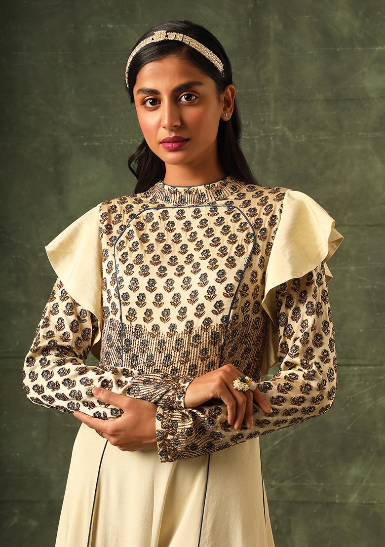 Beige Cutdana Embroidered Ajrakh Anarkali Gown