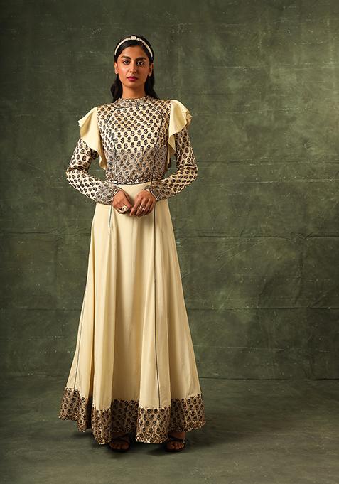 Beige Cutdana Embroidered Ajrakh Anarkali Gown