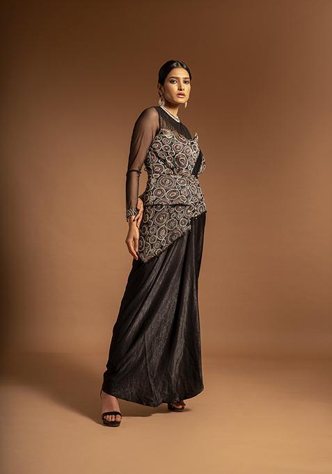 Black Cutdana Bead Embroidered Pure Satin Crepe Gown