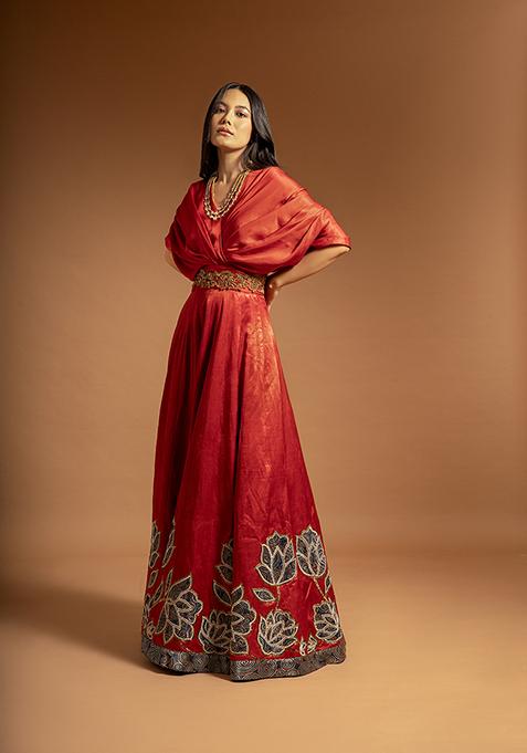 Red Cutdana Bead Embroidered Pure Satin Crepe Gown