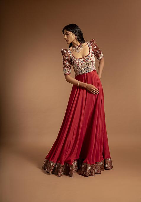 Red Cutdana Bead Embroidered Pure Satin Crepe Gown