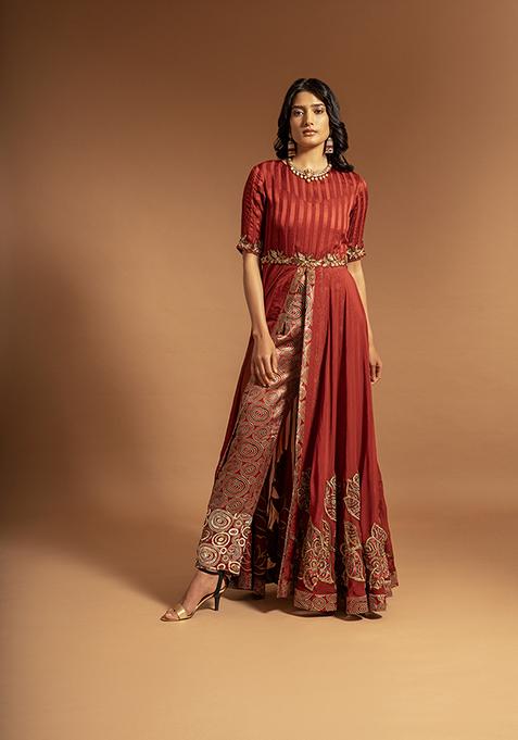 Red Cutdana Bead Embroidered Pure Satin Crepe Gown